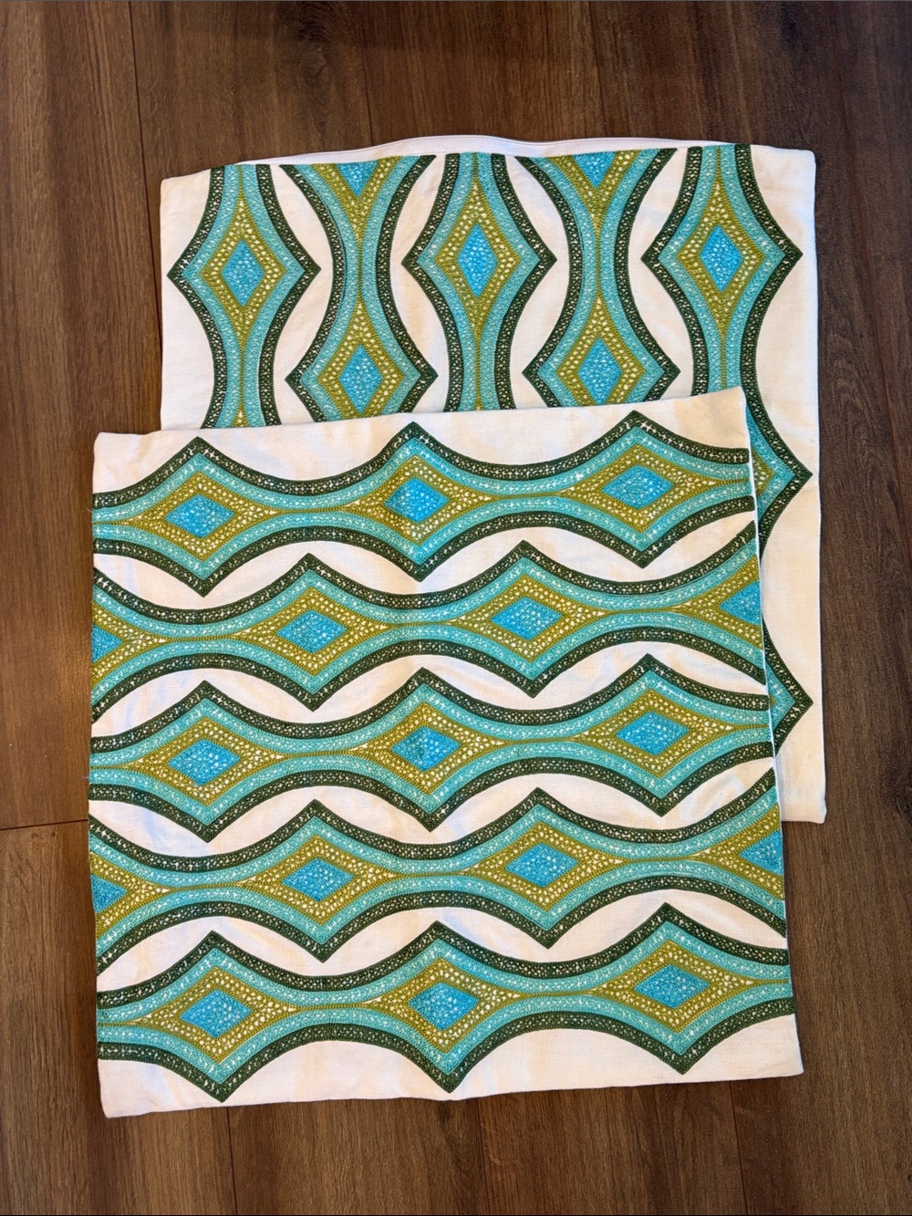 Decorative Teal & Green Embroidered Geometric Cotton Cushion Covers NWOT
